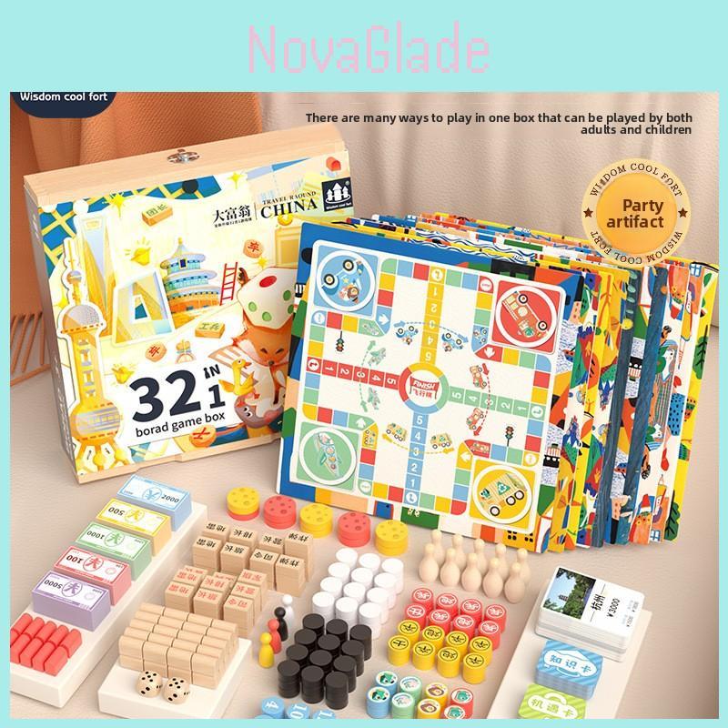 Houten Educatief Bordspel Set Voor Kinderen Met 32 In 1 Multifunctioneel Puzzel- En Strategispel