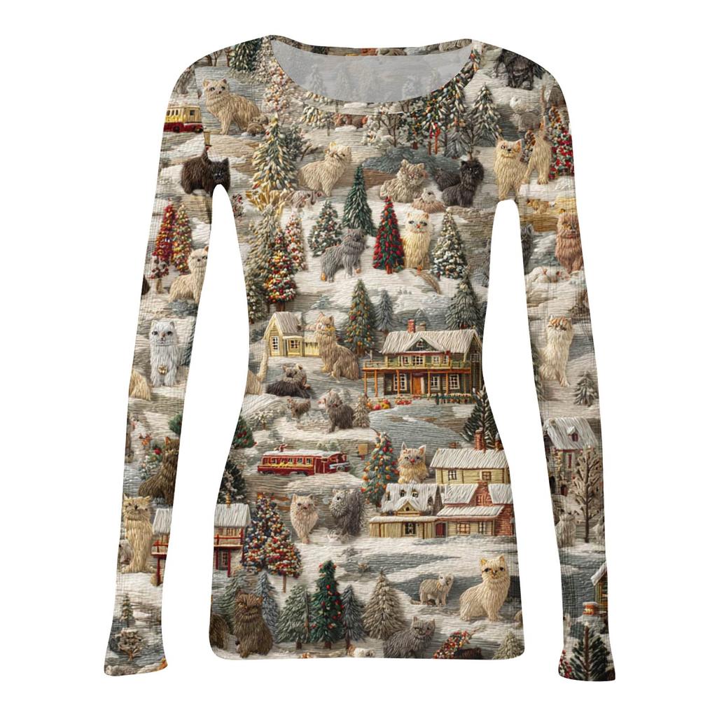 Women's  Slim Bottom T-shirt Fashion Casual Gradient Printing Round Neck Pullover Long Sleeve Top