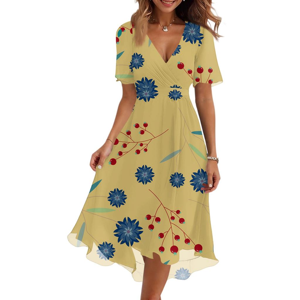 Damenmode Lässig V-Ausschnitt Kurzarm Kleid mit Blumendruck