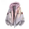Winter Warmer Parka Jacke Damen Dick Kragen mit Pelz Kapuze Mantel Streetwear Stickerei Abzeichen Baumwollgepolstert Oberbekleidung