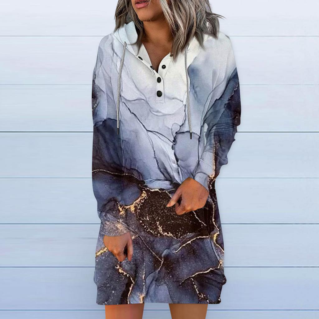 Damen Casual Hoodie Langarm Kordelzug Pullover Vintage Print Kleid