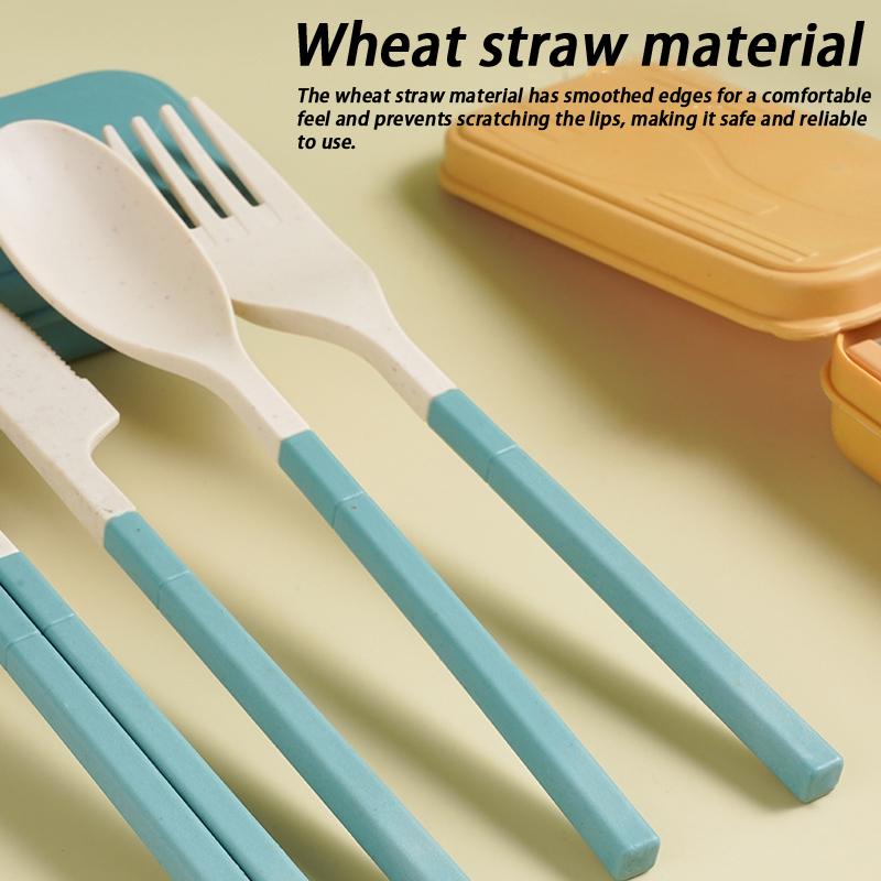 Japanese-Style Wheat Straw Cutlery Set Knife Fork Spoon Chopsticks - Three-Piece Folding Portable Cutlery