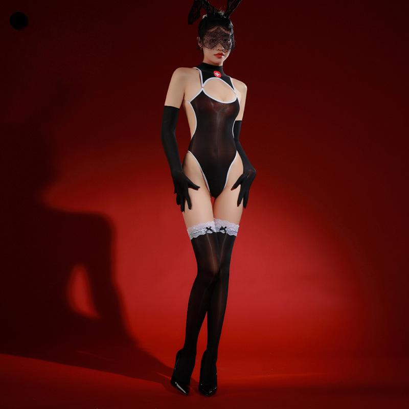Women Sexy Bodysuit With Oil Shiny Glossy Stockings Swimsuit Set Lingerie Ultra-Thin Silky Transparent Nurse Uniform Swimwear