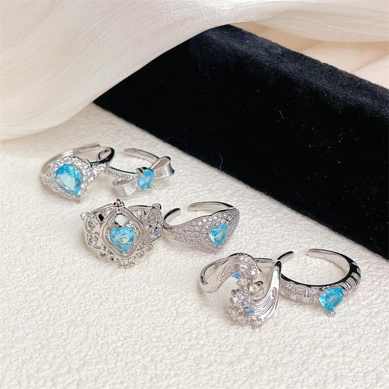 New Niche Light Luxury High-End Color Treasure Sea Blue Zir*****Pen Ring Simple Fashion Jewelry Women