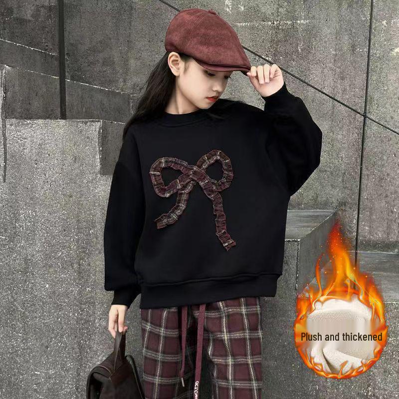 Girls' Fashionable Plaid Pants & Bow Sweatshirt Set - Autumn/Winter 2025