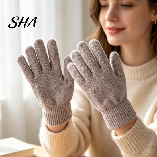 Wind Resistant Acrylic Thermal Gloves Winter for Men Women, Thickened Velvet Lined Mittens, Knit Five Finger High Elasticity Cold Weather with Elastic