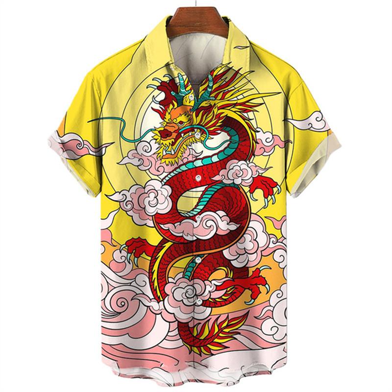 Summer Men's Dragon Pattern Element Shirt Social Casual Vintage Hawaiian Shirt  New Oversize Short Sleeve Street Clothing