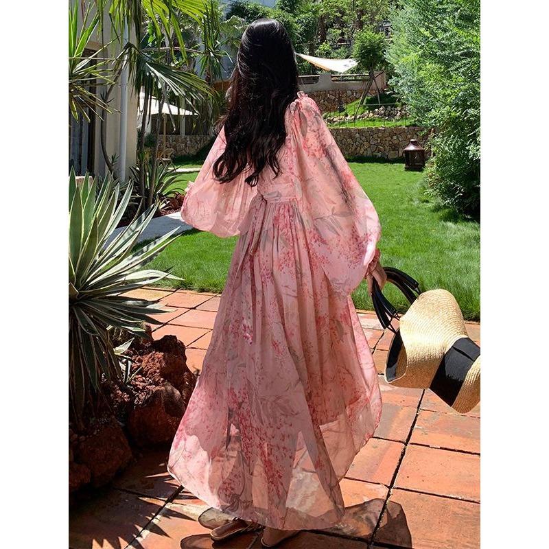 French High-end Collar Pink Floral Dress Women's Summer Temperament Beautiful Word Lantern Sleeve Tulle Long Skirt