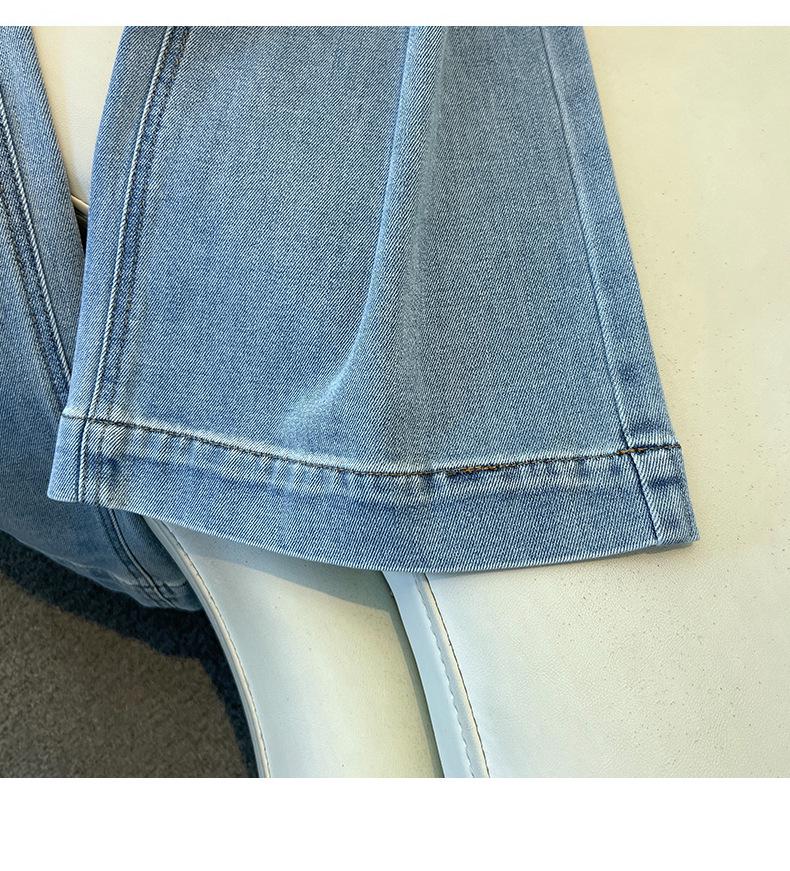 Jeans Recortados de Pierna Ancha de Cintura Alta con Encaje y Cinta Azul Claro para Mujer (Primavera 2025)