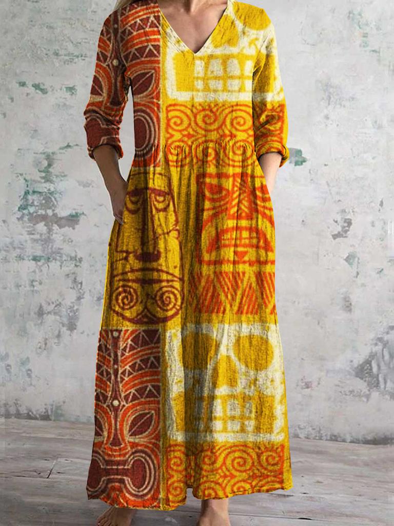 Damen Langarm V-Ausschnitt Maxi Kleid mit Streifenmuster, Knöchellanges Fließendes Kleid, Lässig Elegantes Kleid