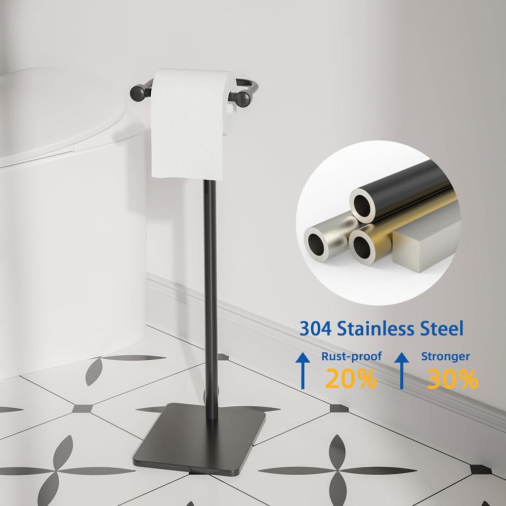 RUACQ Toilet Paper Holder Stand, Bathroom Toilet Paper Roll Holder Free Standing, Toilet Tissue Holder Stand with Post Pivoting Design, Stable