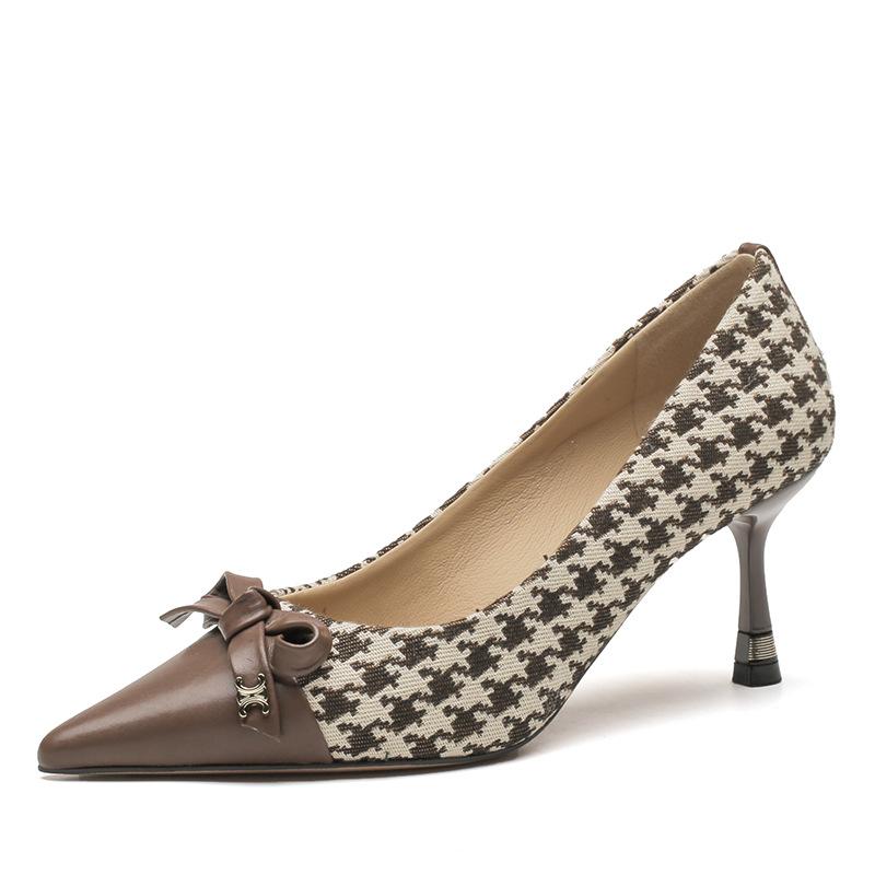 83846 single shoes women's spring and summer new thousand bird grid fashion temperament thin heel shallow bow 7cm high heels