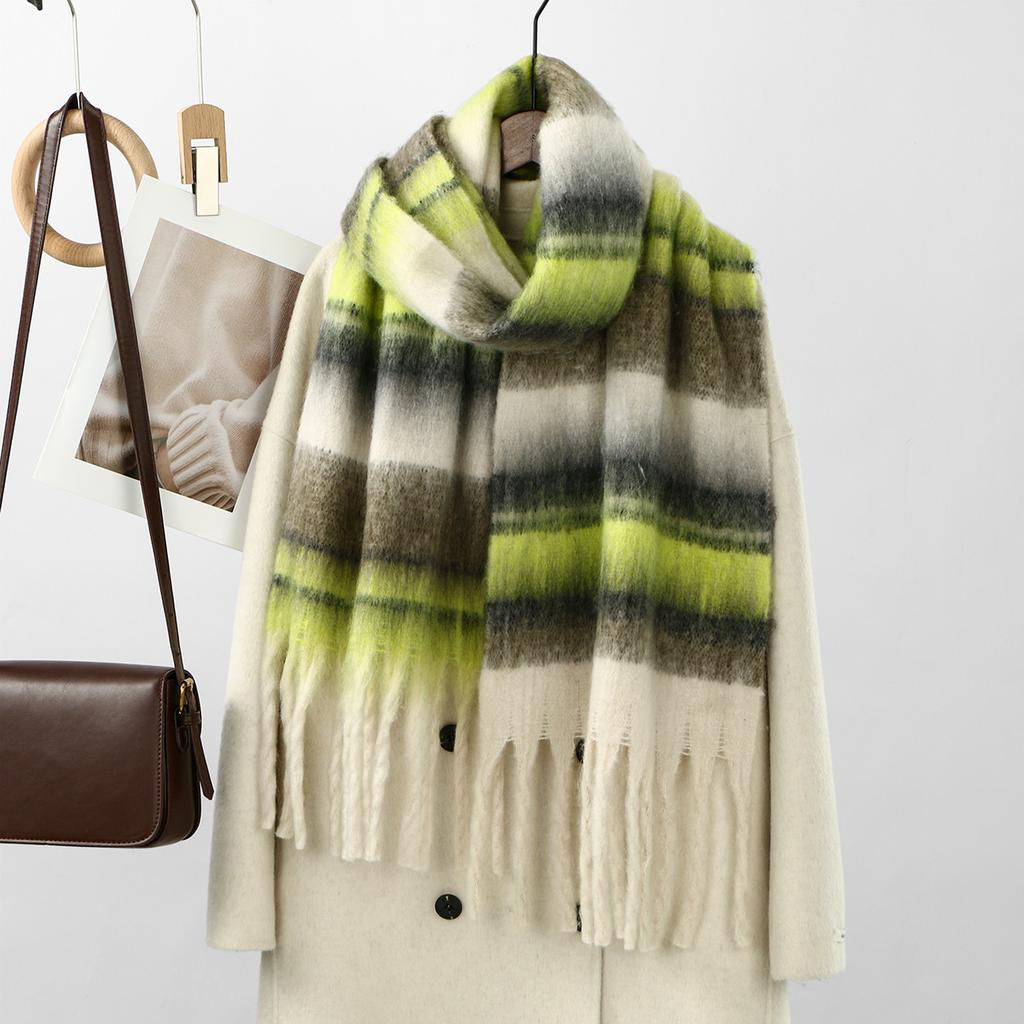 Korean Fringe Plaid Cashmere Scarf Shawl Women Warm Thick Mohair Scarf Pashmina Fashionable Soft Tassel Scarf Neck Protection