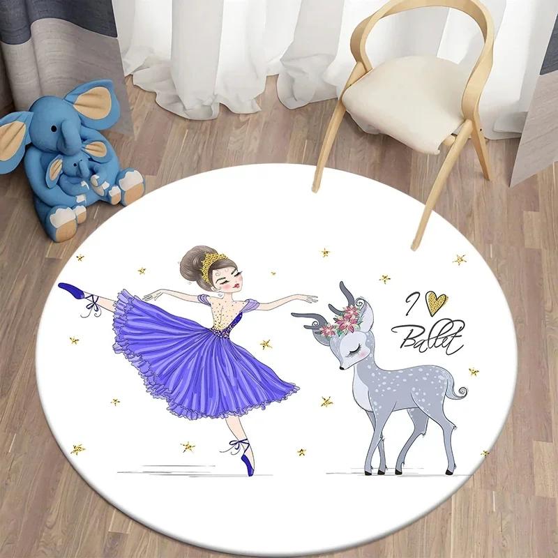 Crystal Velvet Ballet Dancer Round Rug,Cute Fairy Cartoon Print Non Slip Floor Mat for Bedroom,Living Room, Play Area,Home Decor