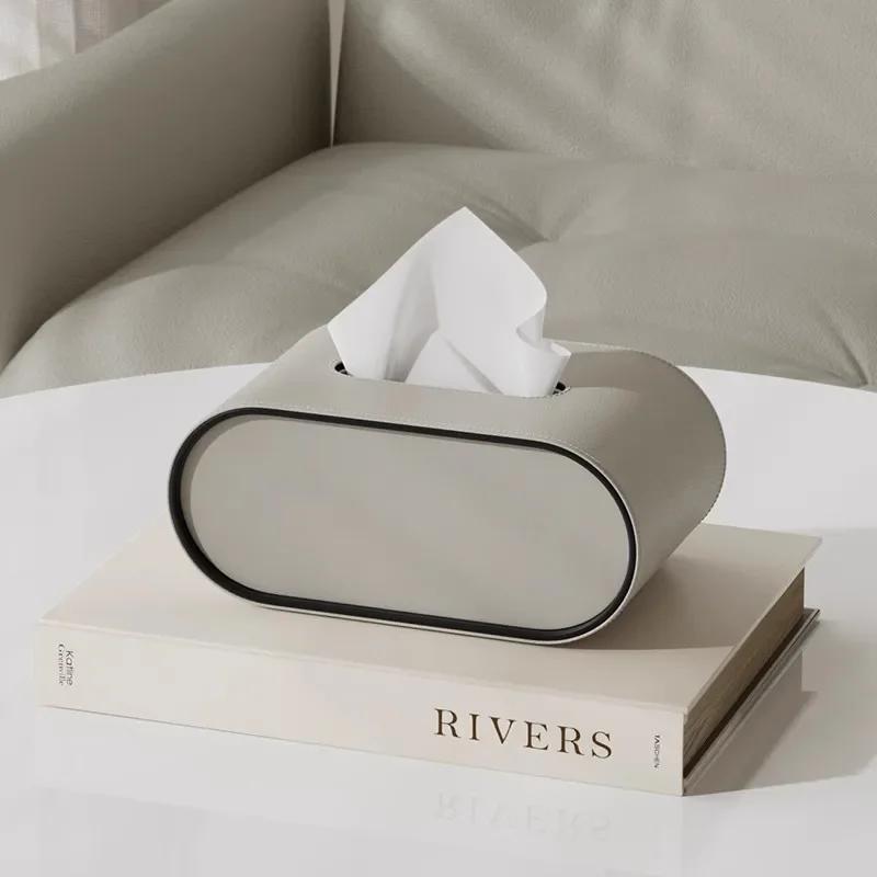 Paper Box Light Luxury High-end Living Room Creative Oval Leather Tissue Box Bedroom Desktop Napkin Storage Box Organization