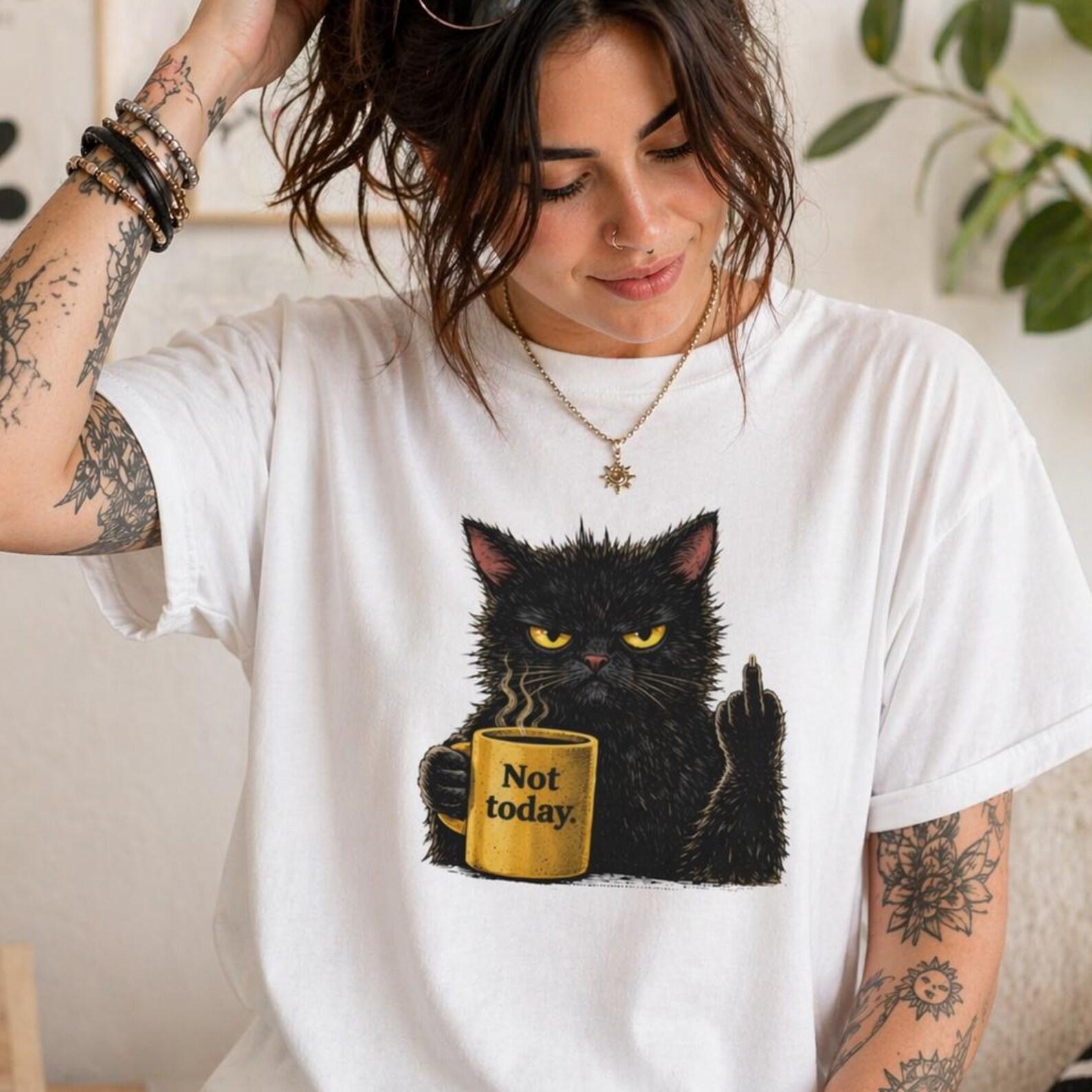 Grumpy Black Cat Coffee Mug Shirt, Sarcastic Introvert Cat Lover Graphic Tee XL