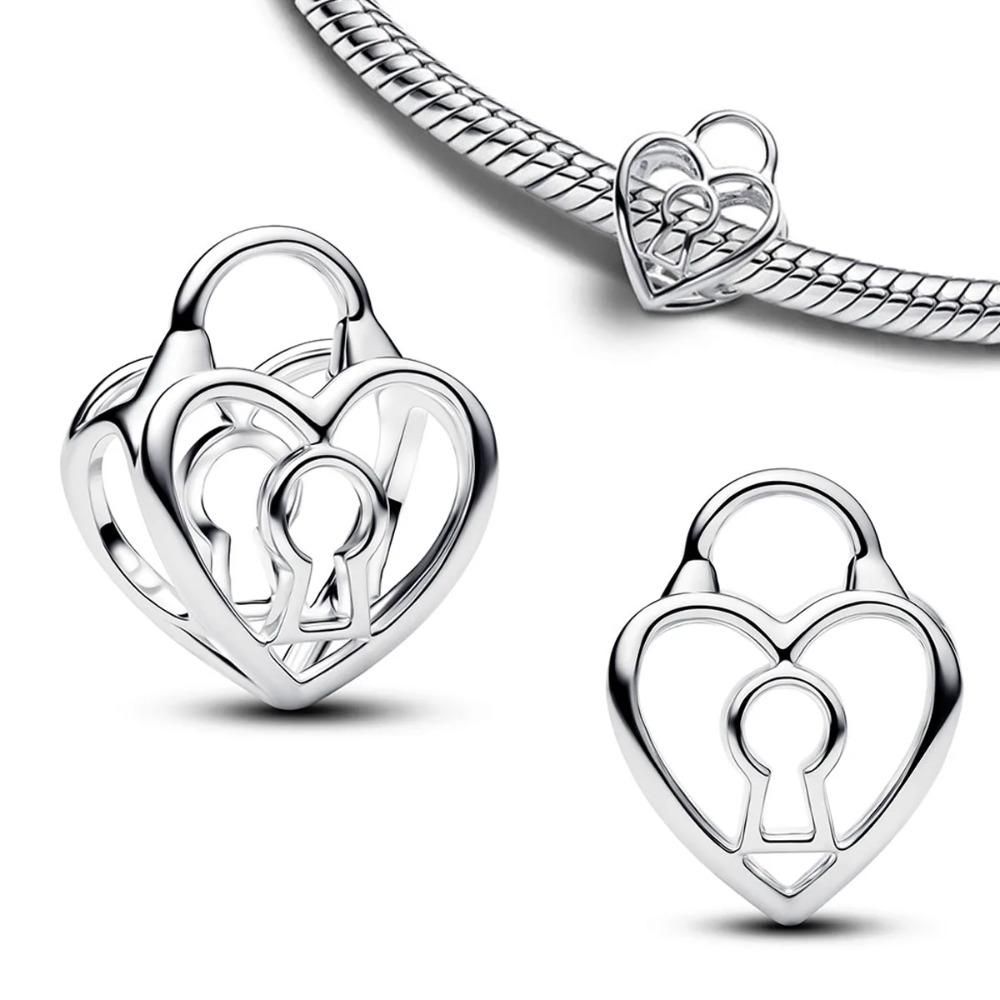 Шармы-замочки и ключики из серебра 925 пробы, кулоны в форме сердца для ожерелья, браслета, DIY-украшений, подарок