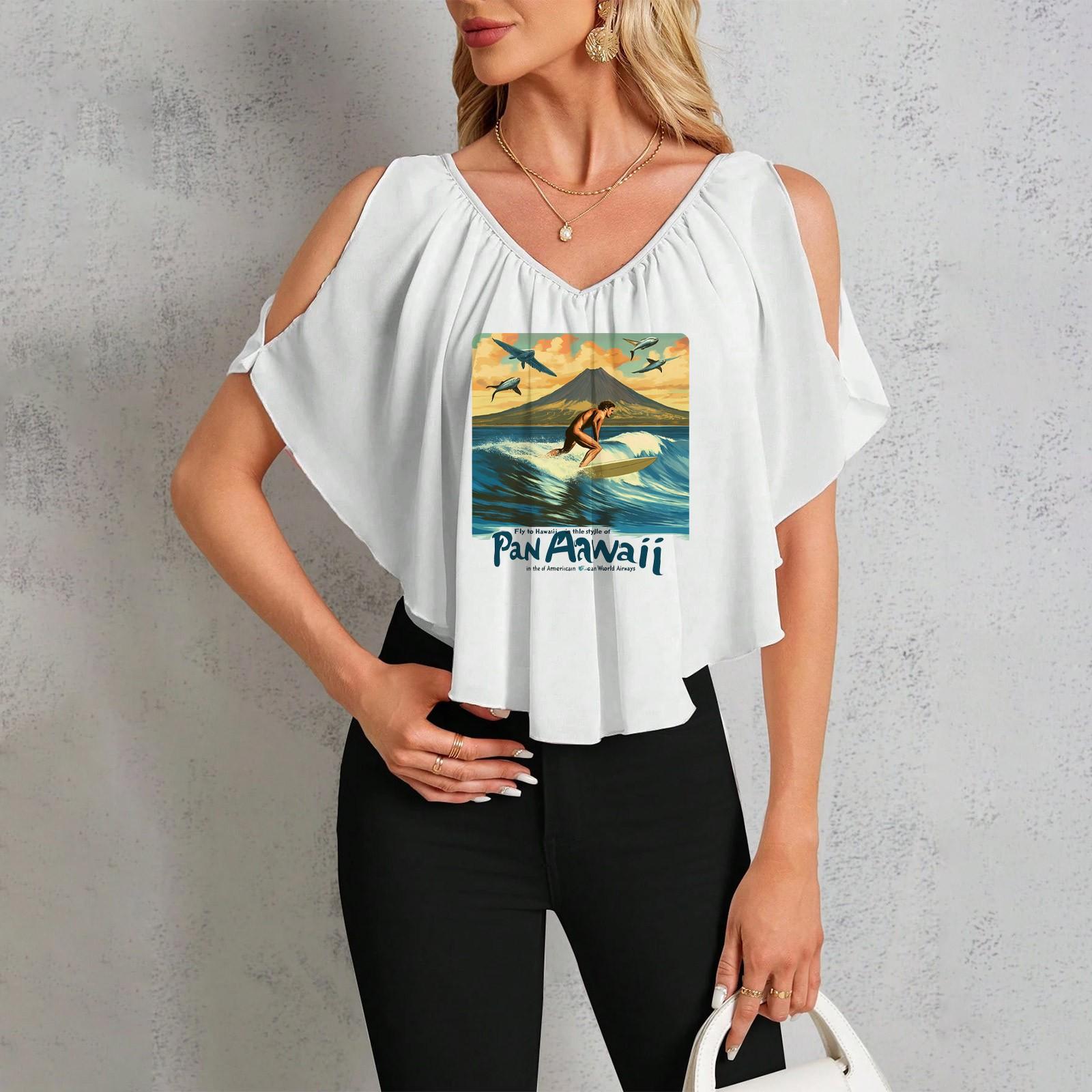 Women s Casual V-Neck Off-Shoulder Hawaiian Print T-Shirt L