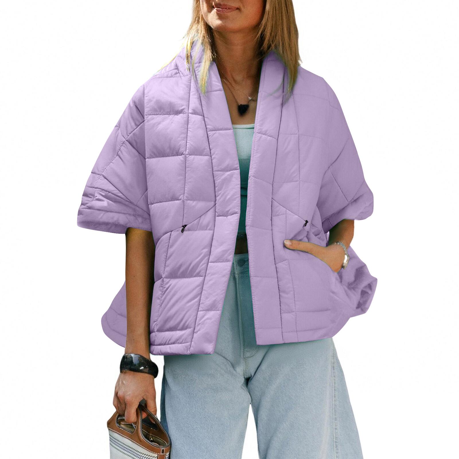 

Жилет Женский Теплый Стеганый Жилеты Оверсайз Рукав-Колокольчик Открытый Спереди Жилет С Карманами Повседневная Верхняя Одежда XL фиолетовый