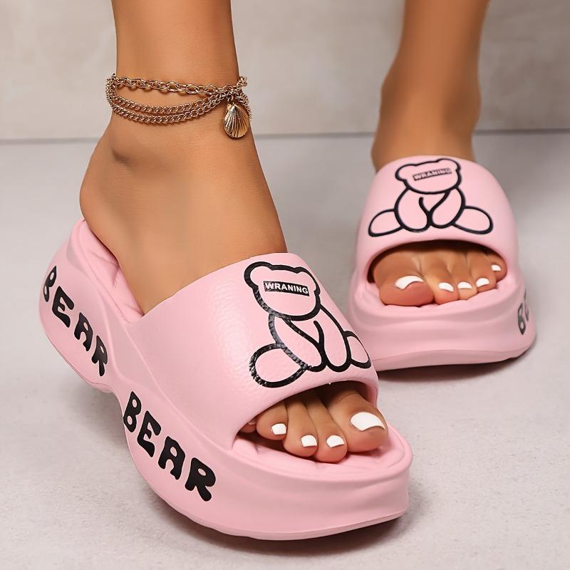 Letter & Cute Bear EVA Sandals, Women's Platform Soft Sole Home Walking Slides, Wear-resistant Holiday Slides
