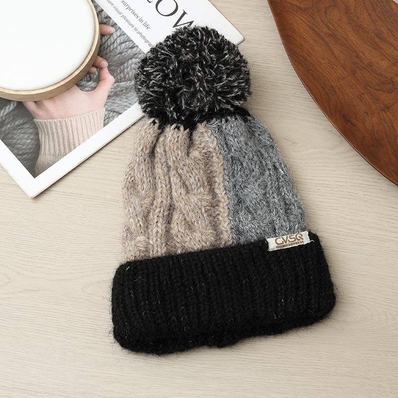 Thickened Warm Ear Protection Windproof Wool Hat Autumn and Winter Color Splicing Plaid Knitted Hat Women