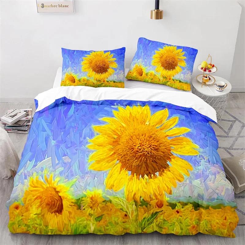 Sunflower Duvet Cover Botanical Floral Comforter Cover King Queen Twin for Kids Girls Room Microfiber Yellow Flowers Bedding Set
