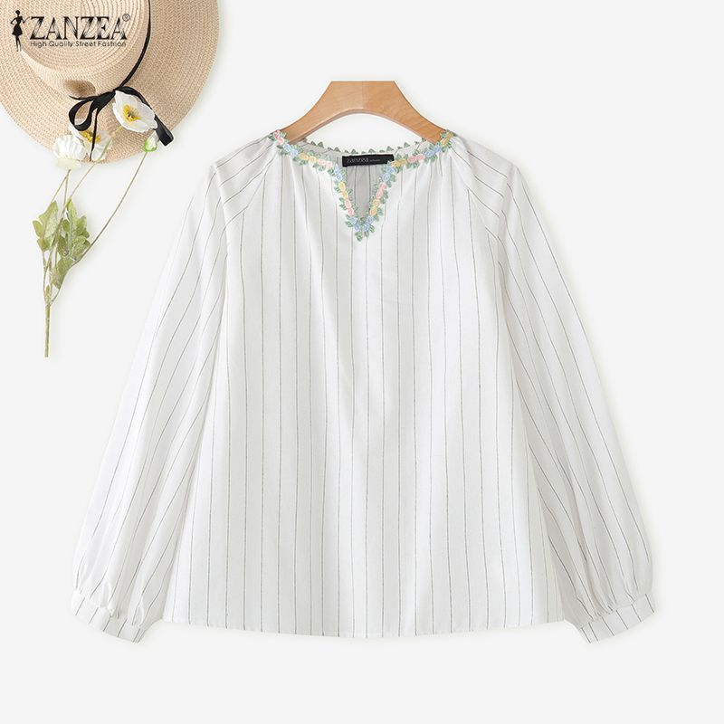 ZANZEA Women Splice V-Neck Loose Casual Long Sleeve Blouse