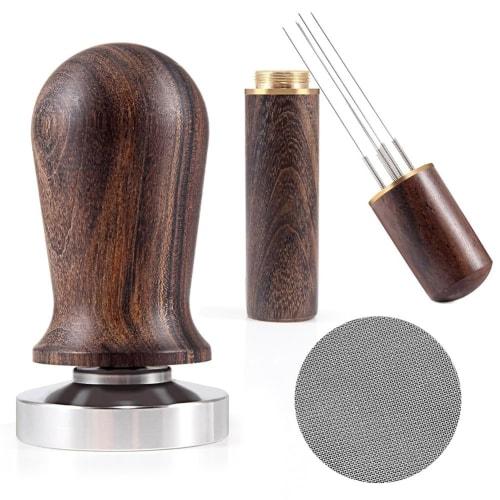 LAMELLIS 51mm Espresso Coffee Tamper & Stirrer Set - Wooden Handle Spring-Loaded Calibrated Tamper with Premium Stainless Steel Base Replacement Espre