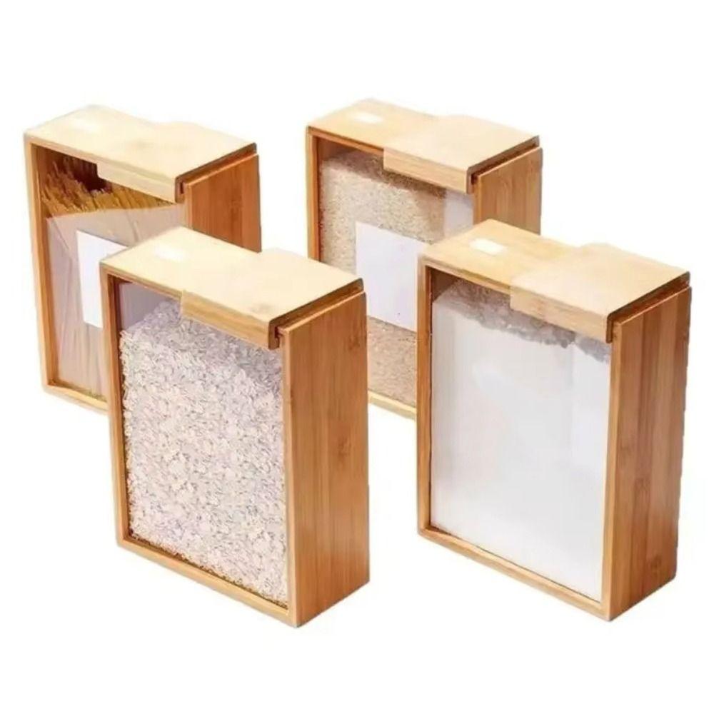 Clear Acrylic Bamboo Food Dispenser Sealed Sliding Cover Kitchen Storage Container Dustproof Large Capacity Food Storage Box