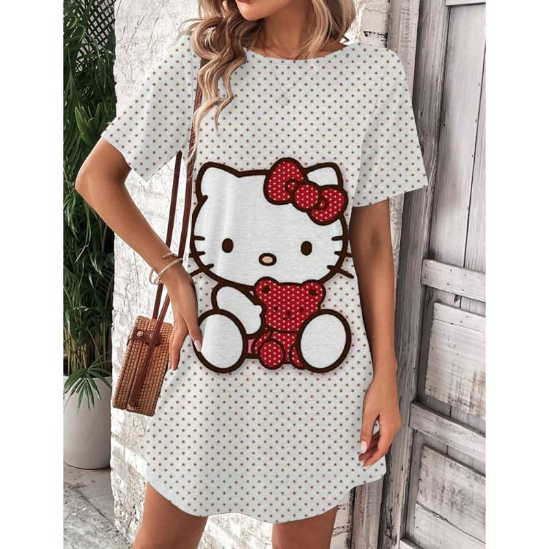 Robe d'été élégante et belle pour femme Nouvelle collection Hello Kitty Jupe courte sexy Robe mini à col rond pour femme