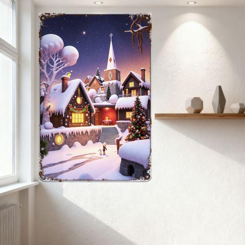 Whimsical Snowy Village Night Scene Metal Tin Sign Festive Christmas Decor with Lit Tree, House & Snow Path - Home Wall Art for