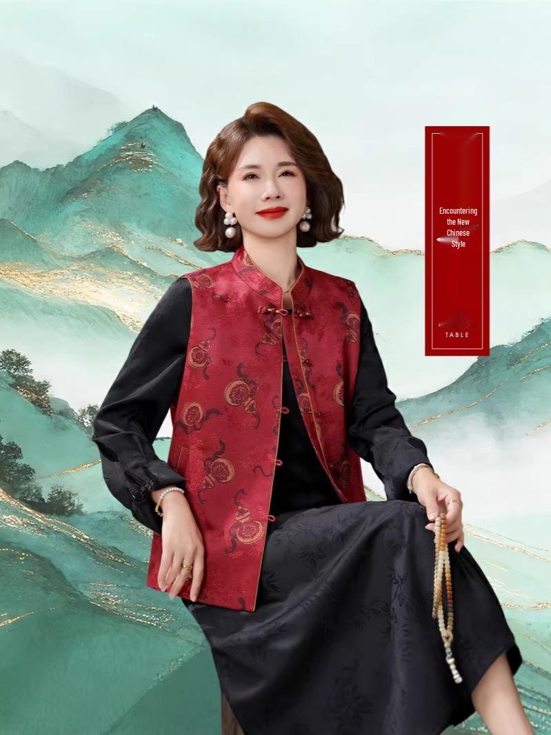 

Women s Autumn/Winter Tang Suit Vest: Stand-Up Collar Cardigan for Middle-Aged/Elderly 2XL (55-62kg) красный