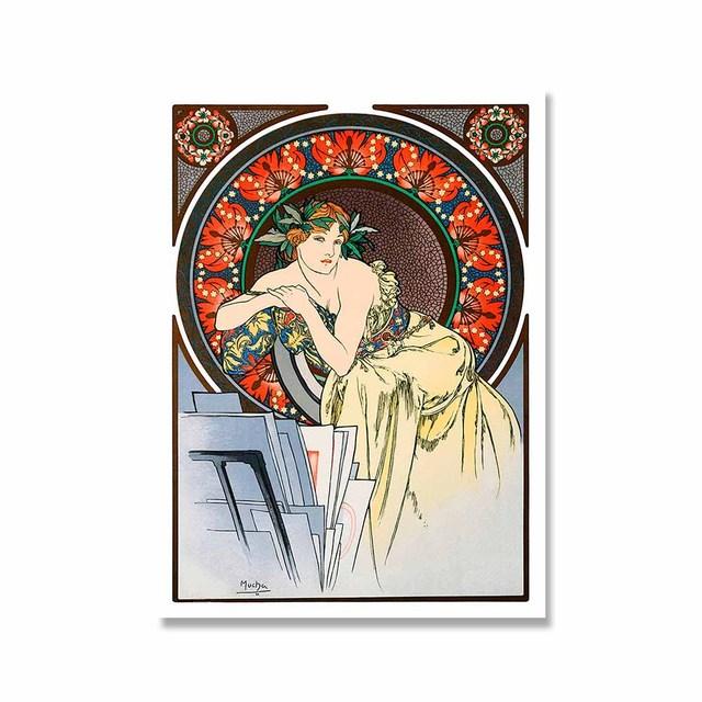 Retro Woman Alphonse Mucha Canvas Painting Nordic Art Poster Abstract Printmaking Museum Exhibition Mural Living Room Home Decor