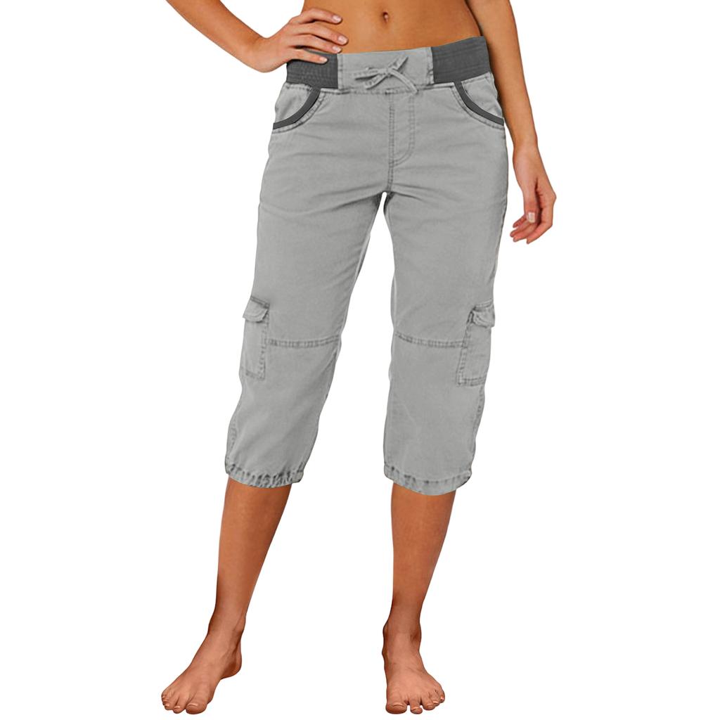 Ladies' Color Blocked Drawstring Multi Pocket Loose Workwear Casual Pants