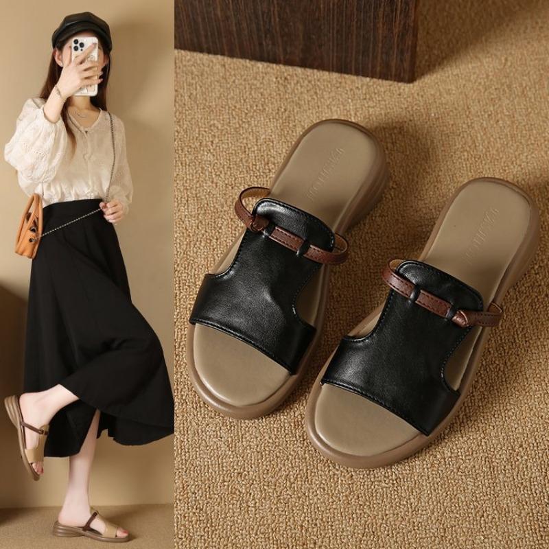 

Large size retro outer wear flat slippers, new one-character simple sandals, fashionable side empty cool slippers 35 чёрный
