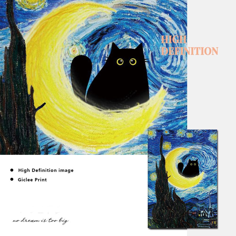 Vincent Van Goghs „Sternennacht“-Katzen-Druck, Poster, abstrakte schwarze Katze, Kunst, Leinwandgemälde, lustiges Geschenk, Wohnzimmer, nordisches Dekor