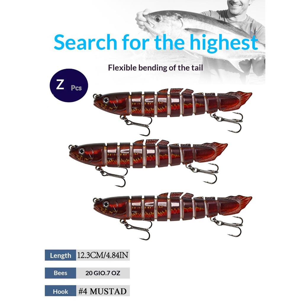Eight-section bionic pike lure with realistic swimming action. Sharp hooks for solid hooksets, ideal for catching aggressive freshwater predators.
