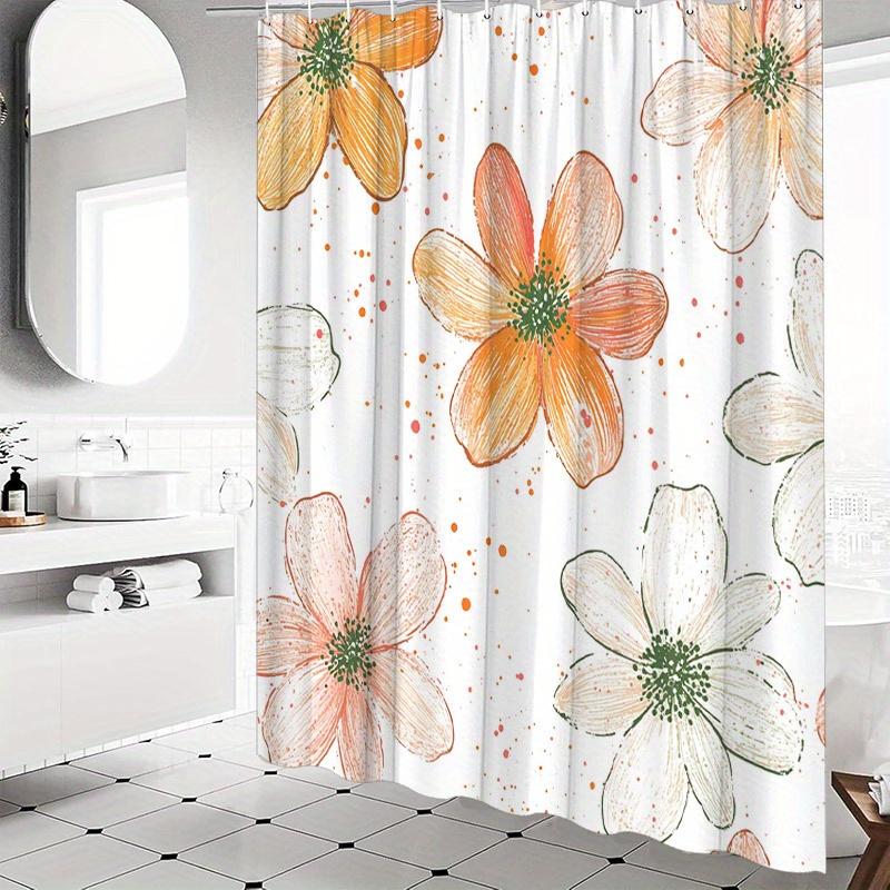

1 шт. Шторка для душа с оранжево-белыми цветами - Стилизованный рисунок от руки, Полиэстеровая шторка для ванны с 12 крючками, 70,8x70,8 дюйма W90XH180cm