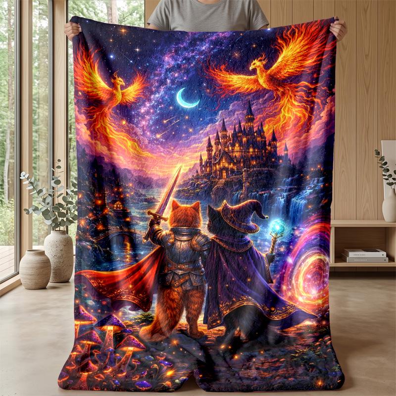 Fantasy Cats and Castles Theme Blanket Lightweight Warm Flannel Blanket Decorative Throw Blanket for Home Decoration