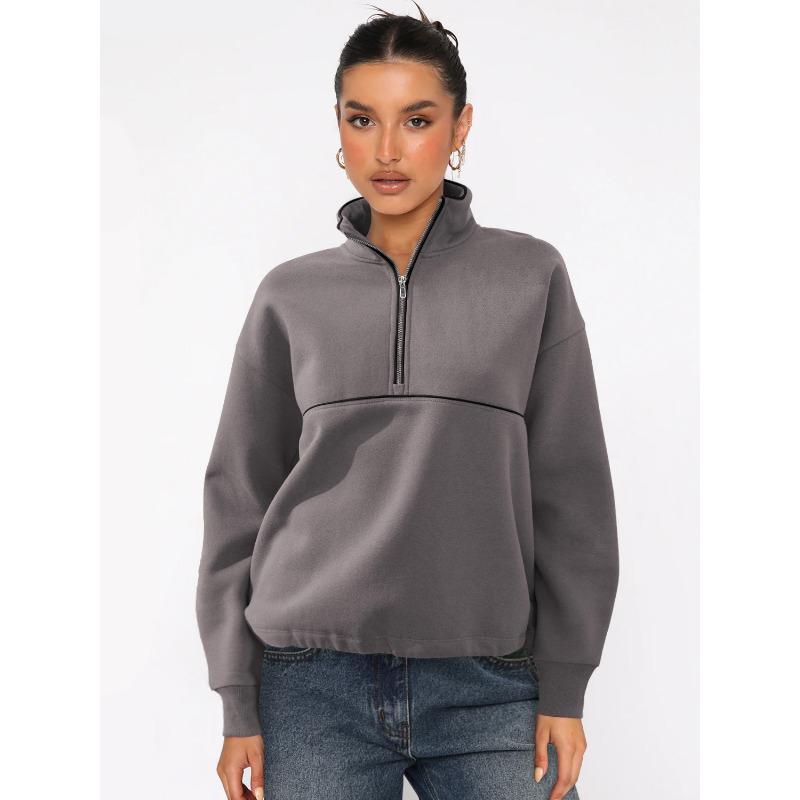 Damen S Halber Reißverschluss Langarm Sweatshirt Kontrastfarbe Lässiges Oberteil