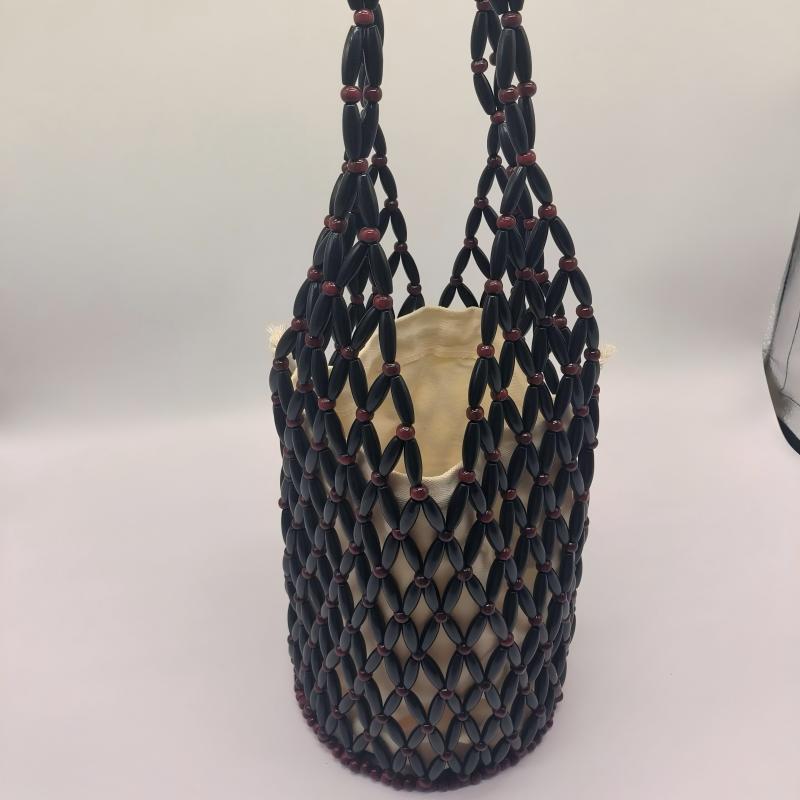 Summer Handmade Beaded Shoulder Bag Hollow-out Wooden Bead Tote French Hand-held Woven Bag Bucket Bag Reticulate Netted Handbags
