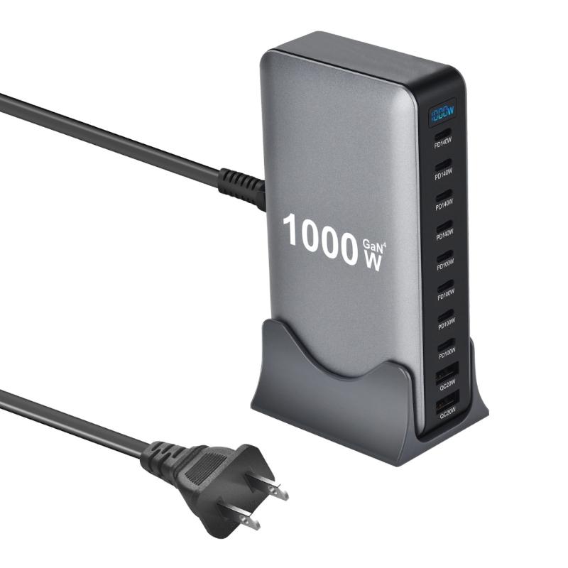 1000W Gans PD Fast Charger 10Port Fast Charging Station ABS Materials MultiDevice Power Adapter Durability Design