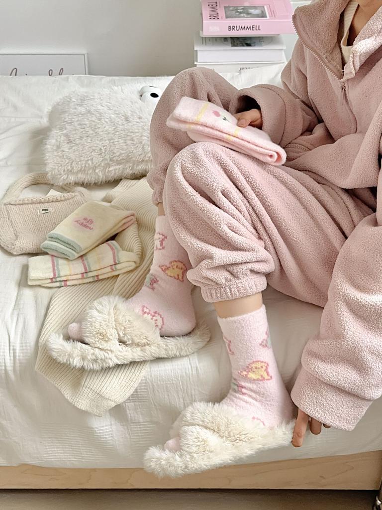 Rosa Australische Fleece Socken Verdickte Warme Socken Cartoon Gestreifte Niedliche Plüsch Haussocken