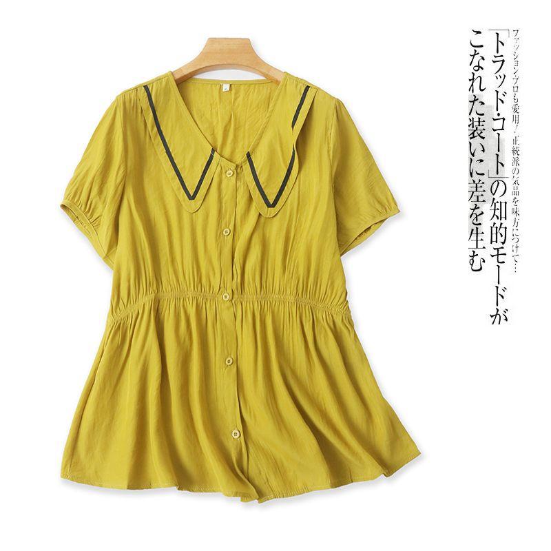 

Short Sleeve Shirt Summer New Foreign Trade Women s Clothing Younger Fashion Lapel Single Breasted Elastic Waist Plus Size Shirt 29238 Yellow Green A- 5-2-5 3XL