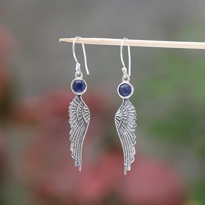 Pendiente de Plata con Forma de Alas de Ángel y Gema de Zafiro Plata de Ley 925 Joyería Hecha a Mano Joyería para Mujer