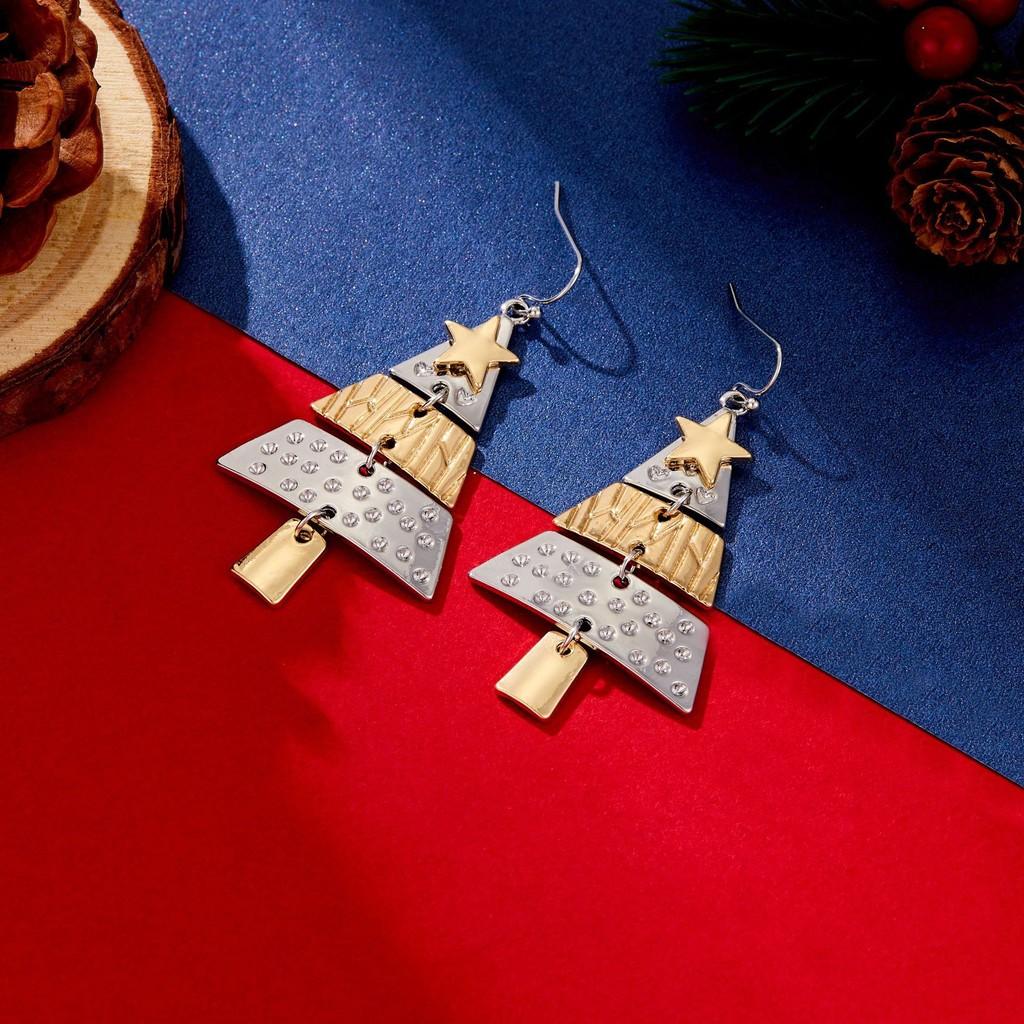 Trendy Long Alloy Christmas Tree Earrings Featuring Vibrant Geometric Star Shapes Celebrations For