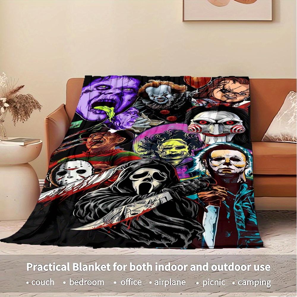 For Horror Icons,Halloween Monsters,Film Characters-Themed Flannel Blanket, Glam Style, Digital Print, All-Season Comfort, Tear-Resistant, K