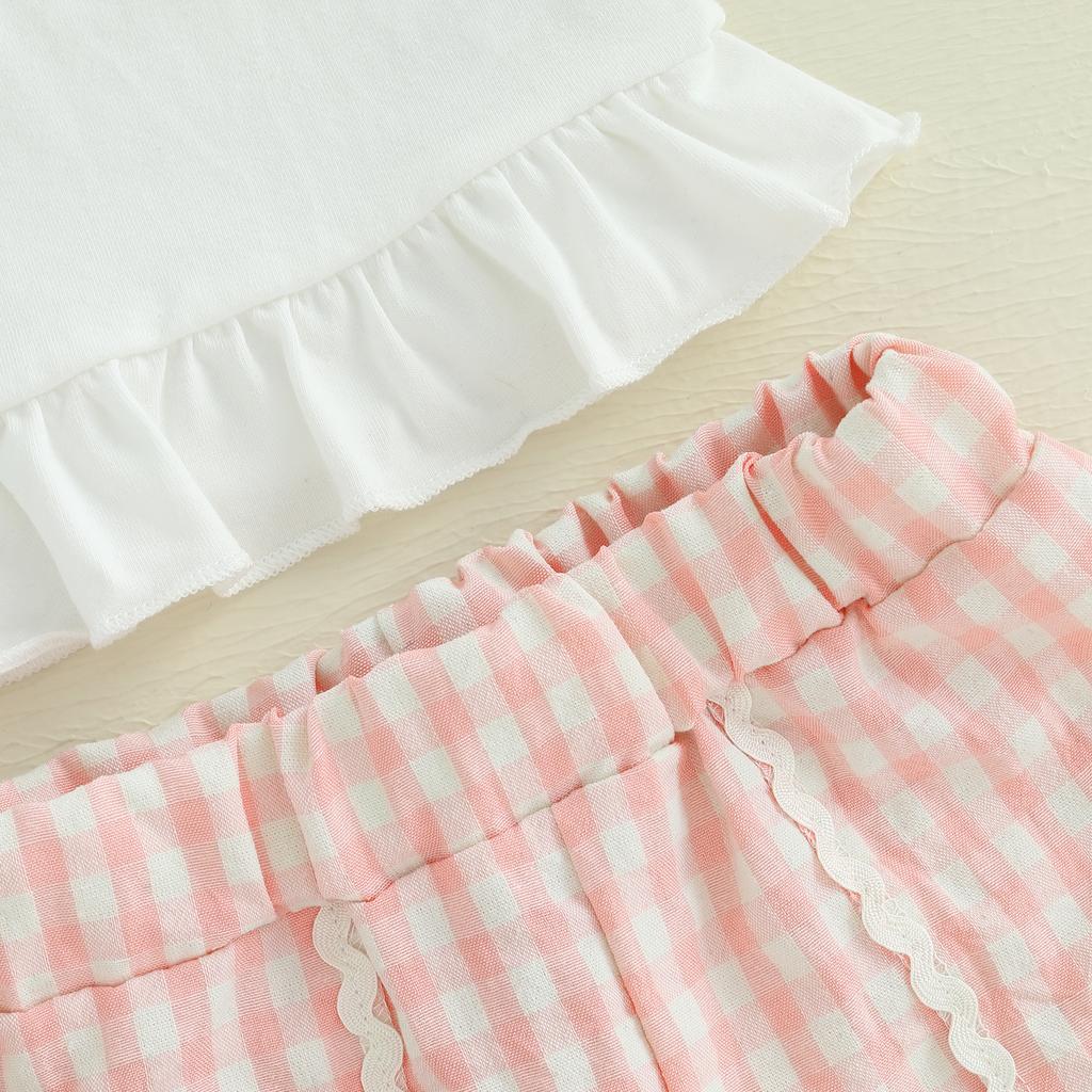 Baby Toddler Girl Shorts Set Baseball Embroidery Puff Sleeve Ruffle Tops Plaid Lace Trim Shorts 2 Piece Summer Outfit