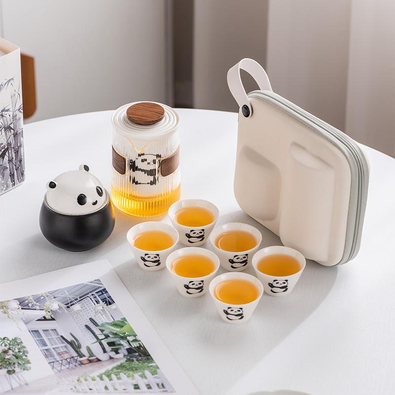 Panda Speckstein Jade Porzellan Reise-Teeset Outdoor Tragbar Sichuan Sehenswürdigkeit Geschäfts-Erinnerungsgeschenk