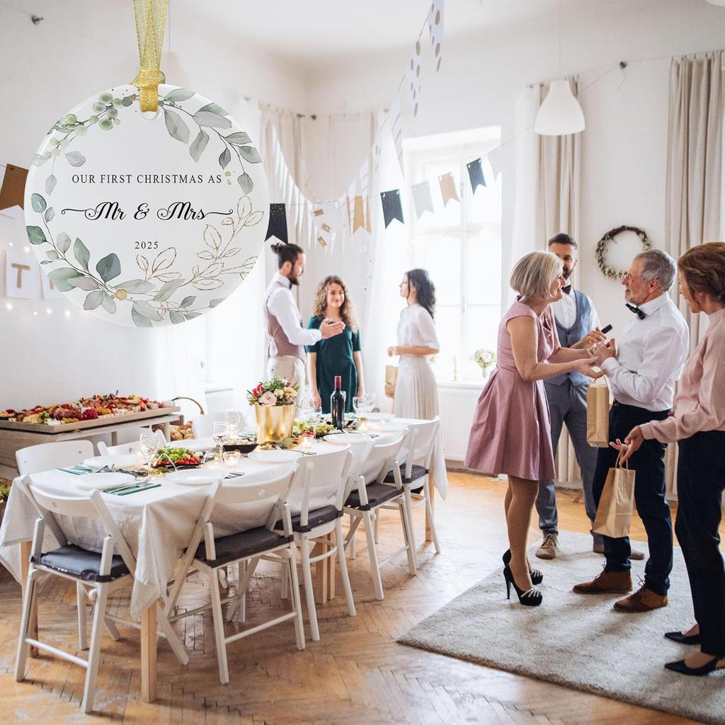 Our First Christmas Married Ornament 2025,Wedding Gifts for Couples Unique Decoration,First Year Newlywed Mr and Mrs Hanging 2.9" Ceramic Round